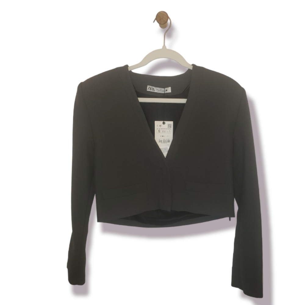 Zara Pullover Cropped Top Cardigan Blazer Jacket With Shoulder Pads Size S